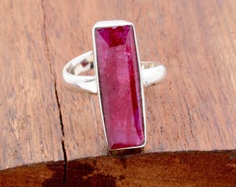 Bague en argent sterling rubis : barre rectangulaire, pierre de naissance de juillet, bague bohème réglable