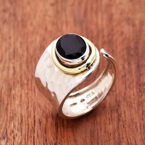 Black Onyx Sterling Silver Ring: Handmade Hammered Boho Adjustable Ring