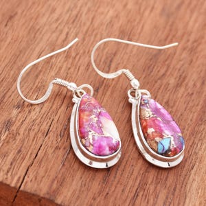 Pink Oyster Turquoise Earrings, 925 Sterling Silver Earrings Handmade Earring Spiny Oyster Earrings Teardrop Turquoise Earrings