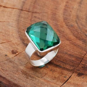 Lab Emerald Ring 925 Sterling Silver Ring Engagement Ring Checker Cut Stone Ring Anniversary Ring, Wedding Ring, Statement Ring Gift for Her
