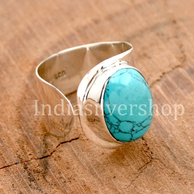 Blue Turquoise Ring, 925 sterling Silver Ring, Adjustable ring, Huge Ring, Wide Band ring. Blue Stone Ring, Boho Ring, perfect Gift For Her image 2