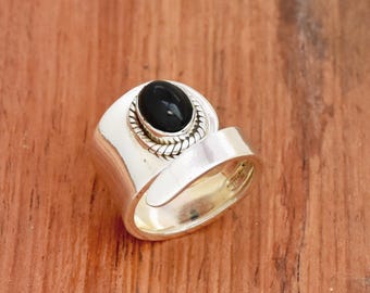 Anillo de plata de ley con ónix negro - Anillo ajustable con diseño llamativo