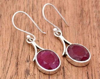 Handmade Sterling Silver Ruby Dangle Earrings: Valentines Gift