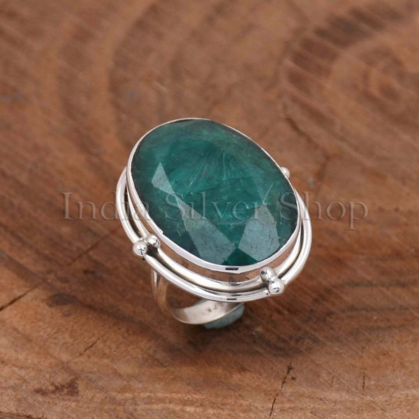 Indian Emerald Ring, 925 Sterling Silver Ring, Oval Gemstone Ring, Faceted Gemstone Ring, Statement Ring, Filigree Ring, Anniversary Ring