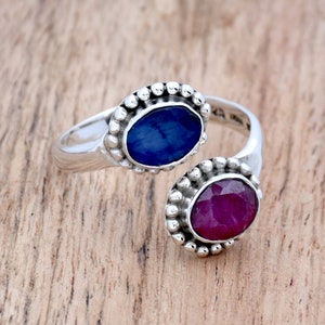 Indian Ruby and Sapphire Ring, 925 Sterling Silver Ring, Dual Stone ring, Adjustable Ring, Thumb Ring, Ruby Silver Ring Dainty Ring