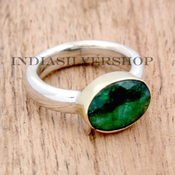 Indian Emerald Ring, Handmade Ring 925 Sterling silver Ring Oval Gemstone Ring Anniversary ring Two Tone ring Statement Ring Wedding jewelry