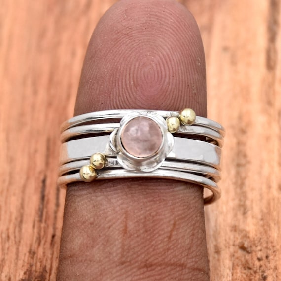 Bague Argent 925 Ancienne - Jonc Alliance Avec Pierre Rose - Taille 54
