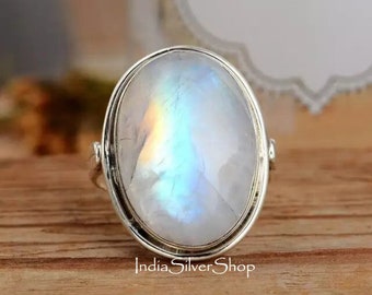 Huge Moonstone Ring, 925 Sterling Silver Ring, Leaf Ring, Handmade Ring, Rainbow Moonstone Ring, Statement Ring, Anniversary Ring, Boho Ring