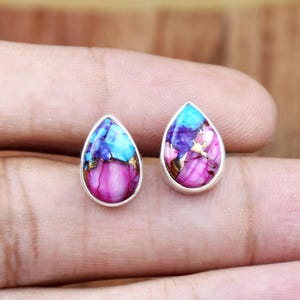 Pink Oyster Turquoise Sterling Silver Stud Earrings - Dahlia Flower