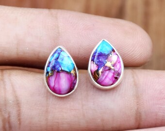Pink Oyster Turquoise Studs Earrings -Sterling Silver Post Earrings, Graduation Day gift