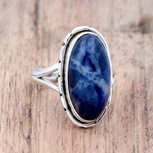 Natural Sodalite Ring, 925 Sterling Silver Ring, Handmade Ring, Blue Stone Ring, Boho Statement Ring, Split Band ring, Perfect Gift for Her