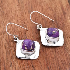 Purple Copper Turquoise Earrings, 925 Sterling Silver Earrings, Cushion Gemstone Earring, wedding Jewelry, Valentines Day gift