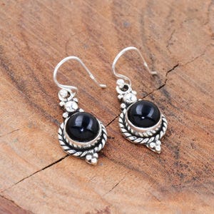 Black Onyx Sterling Silver Earrings: Round Filigree Gemstone