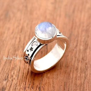 Moonstone Ring Stars and Moon Ring, Spinner Ring, 925 Sterling Silver Ring for Women, Meditation Anxiety Ring, Boho Ring, Gift For Her