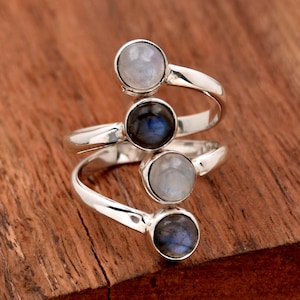 Handmade Sterling Silver Moonstone Labradorite Ring - Adjustable Boho Ring