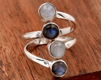 天然ムーンストーン925スターリングシルバーリング：ハンドメイド