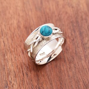 Natural Blue Turquoise Ring, 925 Sterling Silver Ring, Round Gemstone Ring, Twist Ring, Boho Ring, Bohemian Ring, Wide Band Ring