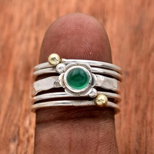 Green Onyx Ring, 925 Sterling Silver Ring, Multi Band Ring, Hammered Ring, Beaded Ring, Round Stone Ring, Interlocked Ring Gift for Her