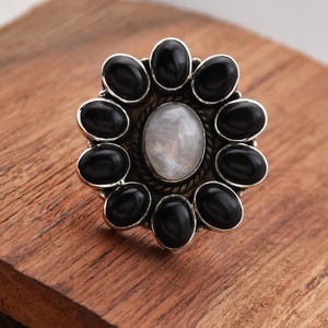 Moonstone & Black Onyx Ring, 925 Sterling Silver Ring, Huge Ring, Filigree Ring, Multi Stones Ring, Statement Ring, Anniversary Ring for Her