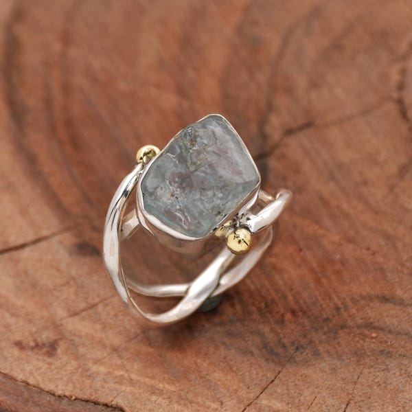 Raw Aquamarine Statement Ring: Hammered 925 Silver, Brass Detail