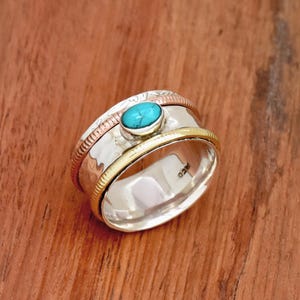 Turquoise Spinner Ring, 925 Sterling Silver Ring, Hammered Ring Spinner Ring Two Tone Ring Anniversary Ring Wide Band Ring Gift for Her
