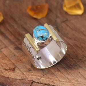 Blue Copper Turquoise Ring: Oval Gemstone, Textured Sterling Silver Band