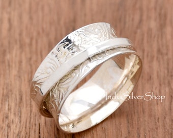 Bague toupie, bague en argent sterling 925, bague texturée fleur, bague toupie méditation, anneaux toupie pour femme cadeau toupie bohème pour elle