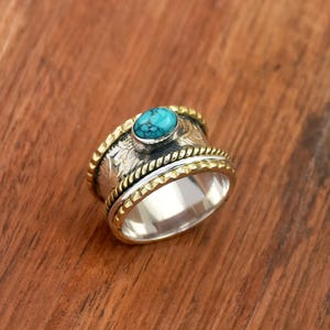 Turquoise Spinner Ring, 925 Sterling Silver Ring, Meditation Ring, Textured Band Ring, Two Tone Ring, Rope Spinning Ring Fidget Silver Ring