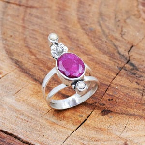 Indian Ruby and Pearl Ring, 925 Sterling Silver Ring Statement Ring, Flower Ring, Handmade Ring, Flower Ring, Double Band Ring, Gift for Her