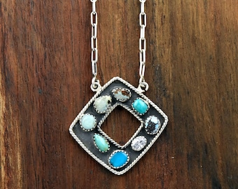 Sterling Silver Turquoise & Mixed Gemstone Pendant Necklace, Southwestern Boho Statement Jewelry, Tribal Style Necklace
