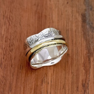 925 Sterling Silver Spinner Ring: Two Tone Textured Meditation Band