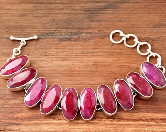 Indian Ruby Bracelet: 925 Sterling Silver Oval Gemstone Tennis Bracelet