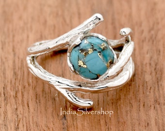 Blue Copper Turquoise Ring, Twig Ring, Sterling Silver Branch Ring, Birthstone Nature Ring, Botanical Jewelry Nature Inspired Ring Tree Ring