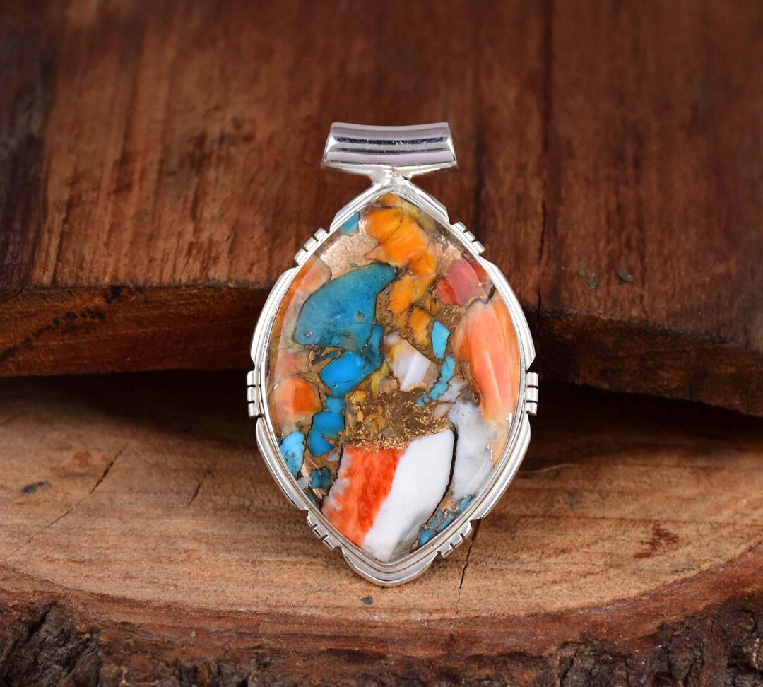 オイスター銅ターコイズマーキスペンダント：925スターリングシルバー