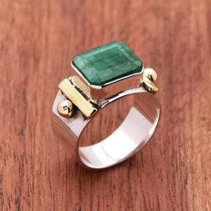 Indian Emerald Ring, Handmade Ring Sterling silver Ring Cushion Gemstone Ring Wide band ring Two Tone ring Statement Ring Wedding jewelry