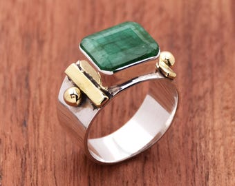 Handmade Cushion Emerald Ring: Sterling Silver Wide Band Statement Jewelry