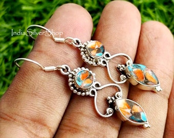 Pendientes turquesa cobre ostra, pendientes de plata de ley 925, pendientes multipiedra, pendientes hechos a mano pendiente de mujer regalo para ella