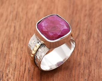 Handmade Cushion Ruby Ring: Sterling Silver Two-Tone Bohemian Band