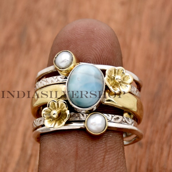 Larimar-Ring 925 Sterling Silber Ring Blumenring Perlenring Zweifarbiger Ring Handgefertigter Silberring Blumenring Jubiläumsring Geschenk für Sie