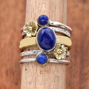Blue Lapis Lazuli Ring, 925 Sterling Silver Ring, Multi Band Ring, Oval Stone Ring, Flower Ring, Two Tone Ring, Multi Band Ring Gift For Her