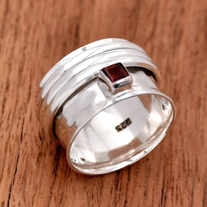 Natural Red Garnet Spinner Ring 925 Sterling Silver Ring Meditation Ring Worry Ring, Wide Band Ring, Hammered Spinner Ring, Thumb Band Ring