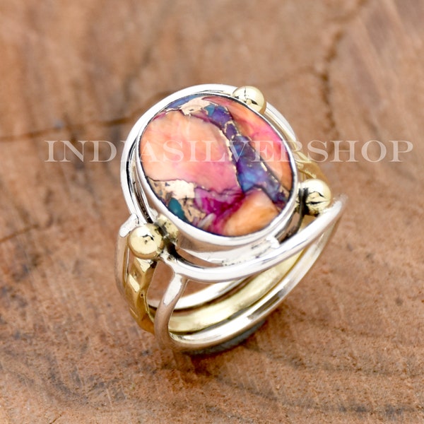 Kingman Pink Dahlia Turquoise Ring, Pink Oyster Turquoise Ring, Designer Band Ring, Sterling Silver Ring, Two Tone Ring, Boho Ring