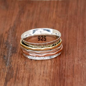 Fidget Spinner Ring, 925 Sterling Silver Ring Two Tone Ring Textured Spinner Ring Meditation Ring Anxiety Ring Anniversary Ring Gift for Her