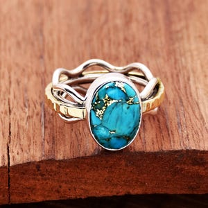 Blue Copper Turquoise Ring, 925 Sterling Silver Ring, handmade Ring, Two Tone Ring, Oval Turquoise Ring, Boho Ring, Anniversary Ring