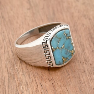Anillo de hombre con turquesa y cobre azul: anillo bohemio de ondas en plata de ley 925 hecho a mano.
