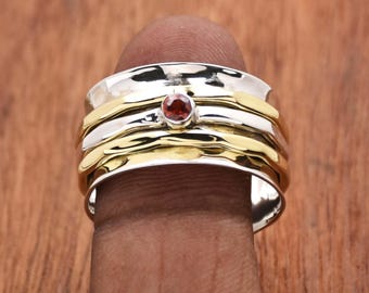 Garnet Spinner Ring: Sterling Silver Fidget Ring, Boho Meditation Jewelry