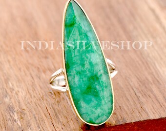 Indian Emerald Ring 925 Sterling silver Ring Handmade Ring Two Tone Ring Long Teardrop ring, Gift for her, Wedding ring, Split Band Ring