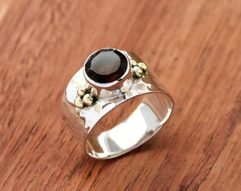 Smoky Quartz Ring: Hammered Sterling Silver, Boho Beaded Statement Ring