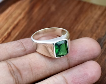 Sterling Silver Emerald Men's Ring: Boho Signet Ring