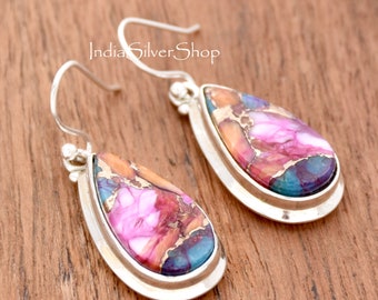 Pattern Earrings - Pink Dahlia & Turquoise Stones